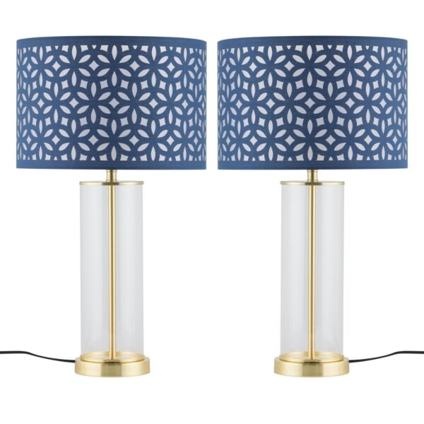 Set of 2 Aura - Satin Brass Lamps with Navy Blue Cut Out Shades