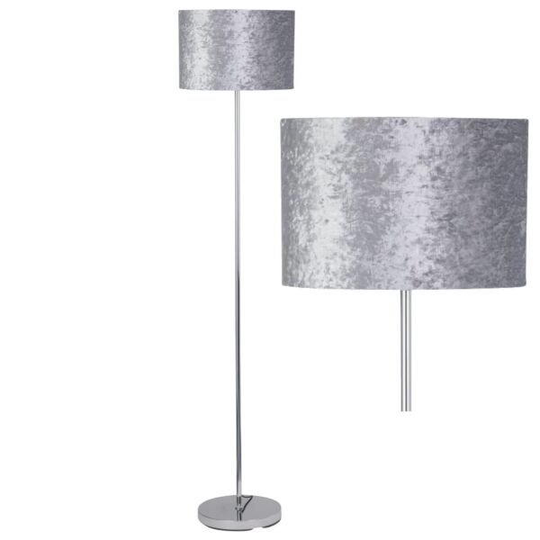 Chrome Stick Floor Lamp with Grey Crushed Velvet Shade