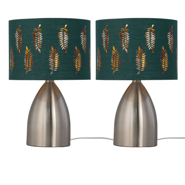 Set of 2 Valentina - Brushed Chrome Touch Lamps with Dark Green Fern Shades