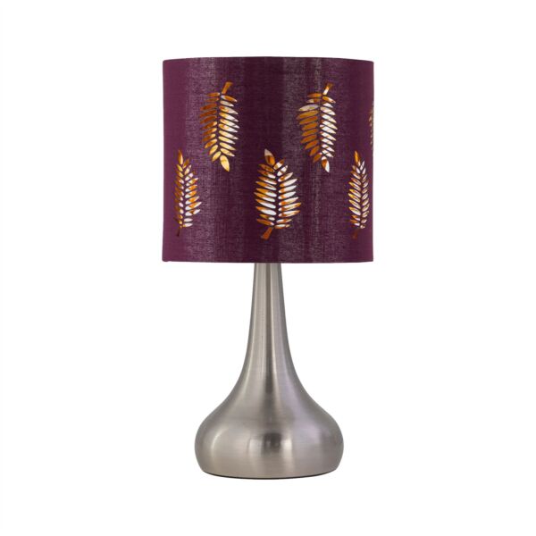 Romana - Brushed Chrome Touch Table Lamp with Burgundy Fern Shade