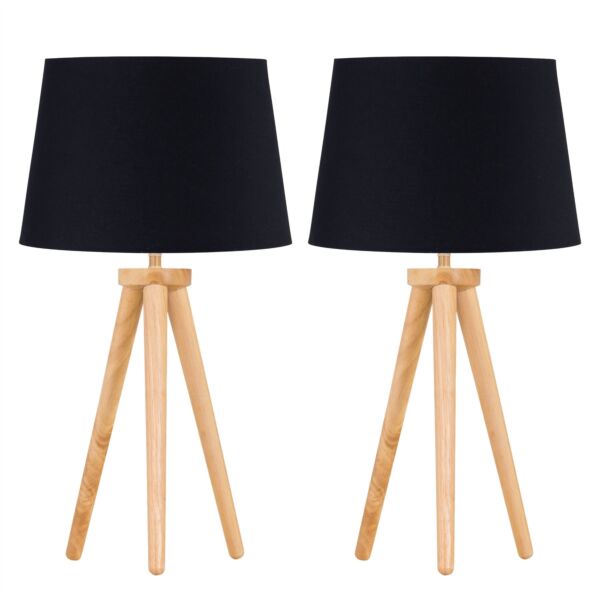 Set of 2 Light Oak Table Lamp or Bedside Lights with Black Shades