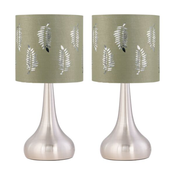 Set of 2 Romana - Brushed Chrome Touch Lamps with Sage Green Fern