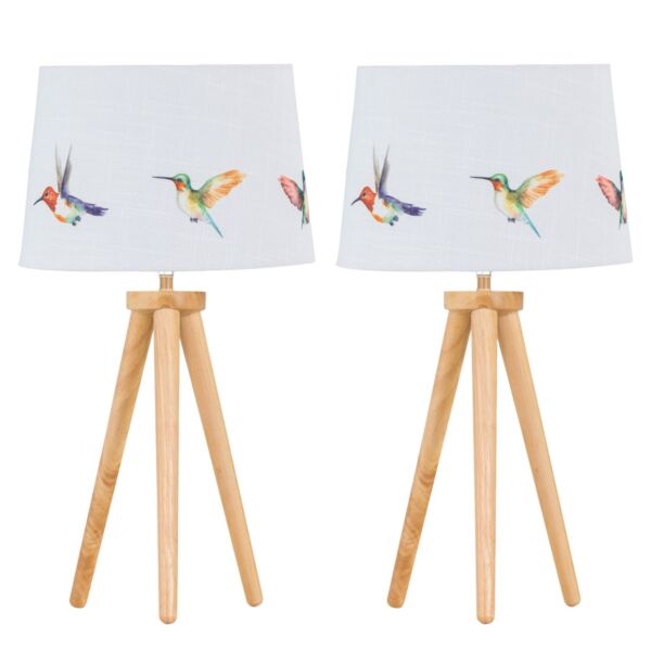 Set of 2 Light Oak Table Lamp or Bedside Lights with Hummingbird Shade
