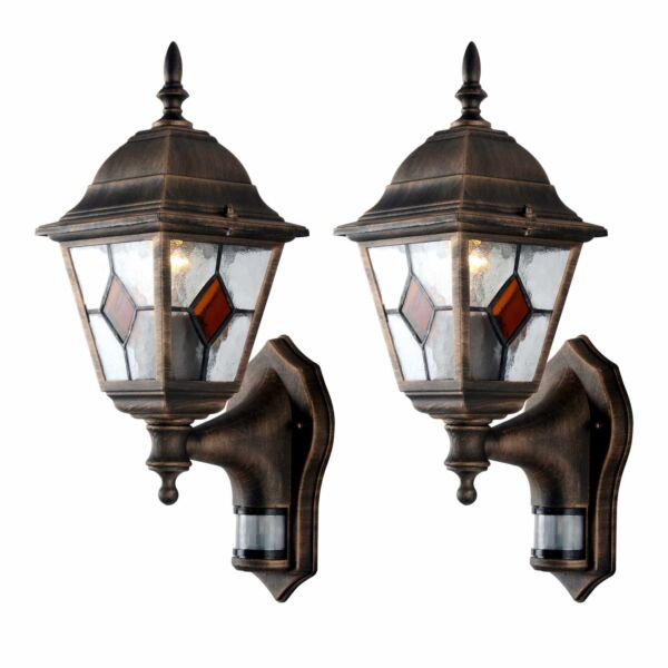 Set of 2 Morecambe - Black with Brushed Gold Motion Sensor Outdoor Wall Lights