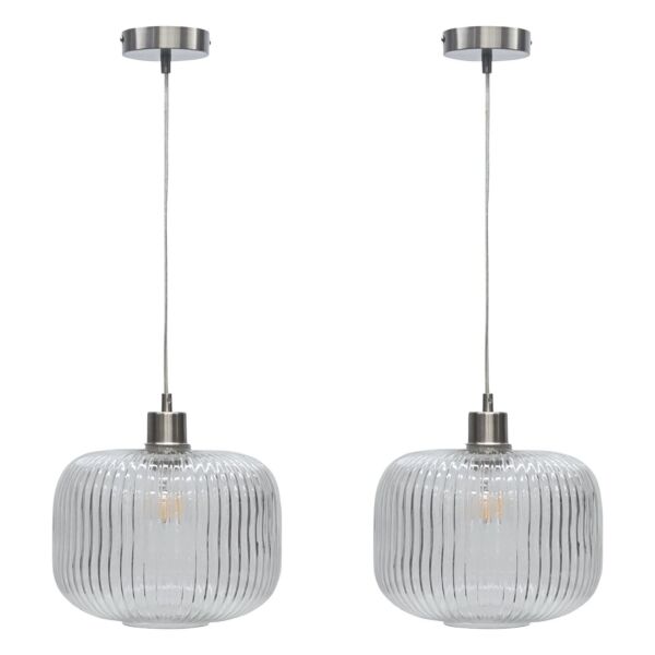Set of 2 Batley Large - Clear Ribbed Glass with Satin Nickel Pendant Fittings