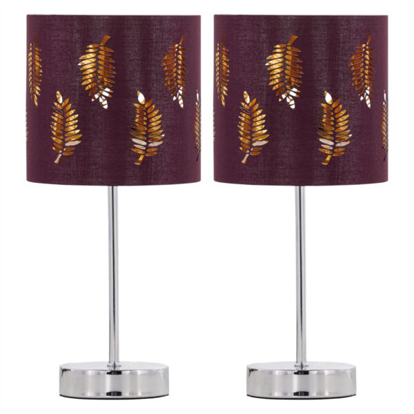 Set of 2 Chrome Touch Operated Table Lamps with Burgundy Fern Shade