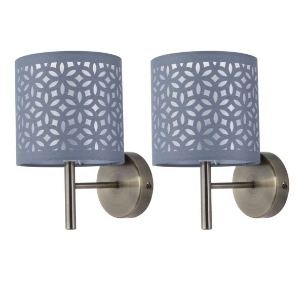 Set of 2 Brea - Antique Brass Wall Lights with Grey Cut Out Shade