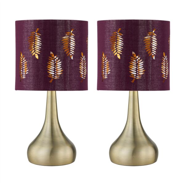 Set of 2 Romana - Antique Brass Touch Table Lamps with Burgundy Shade