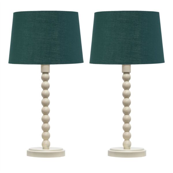 Set of 2 Bobbin - Ivory Lamps with Dark Green & Gold Shades