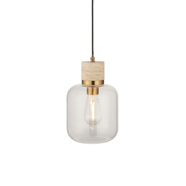 Endon Lighting - Travi - 120658 - Vintage Brass Travertine Stone Clear Glass Ceiling Pendant Light