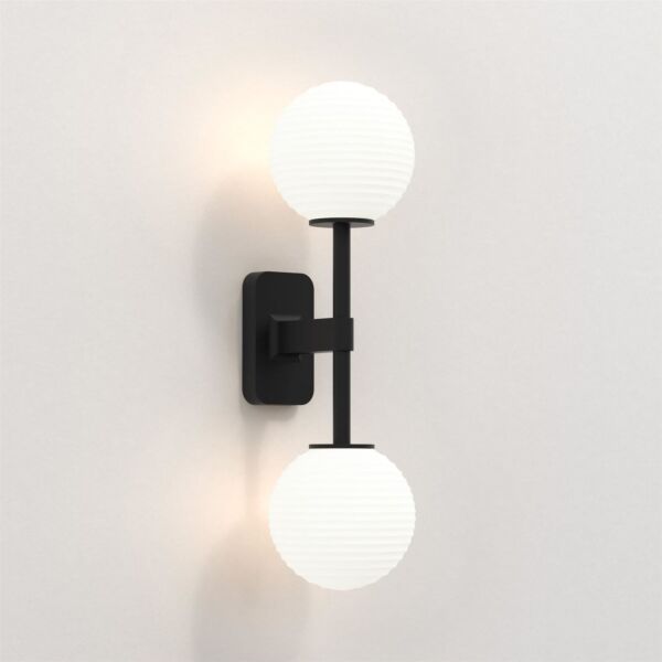 Astro Lighting - Tacoma Twin 1429005 & 5036004 - IP44 Matt Black Wall Light with White Ribbed Glass Shades