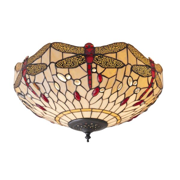 Interiors 1900 - Dragonfly - 70723 - Dark Bronze Tiffany Glass 2 Light Flush Ceiling Light