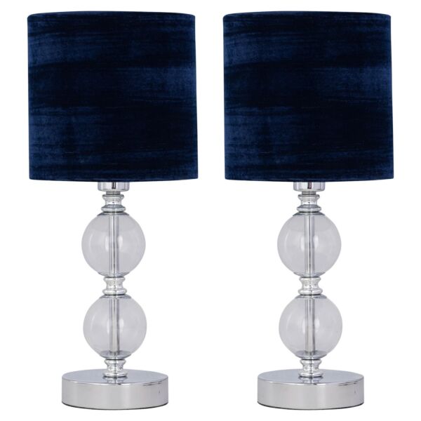 Set of 2 Chrome Two Ball Table Lamp with Navy Blue Crushed Velvet Shades