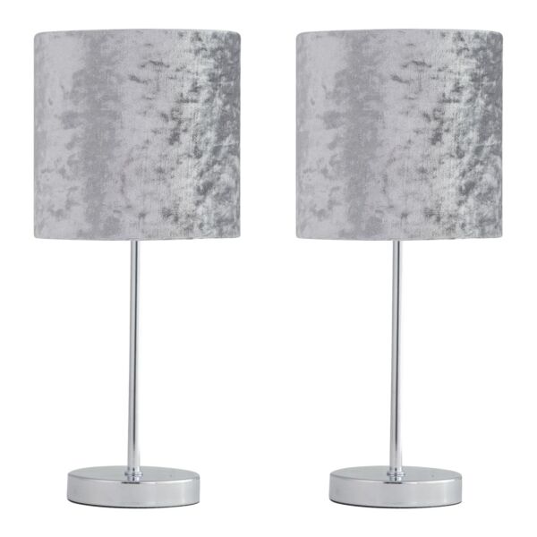 Set of 2 Chrome Touch Operated Table Lamp with Grey Crushed Velvet Shades