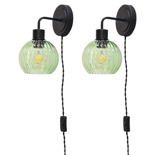 Set of 2 Toby - Black Plug in Wall Lights Green Ribbed Shades