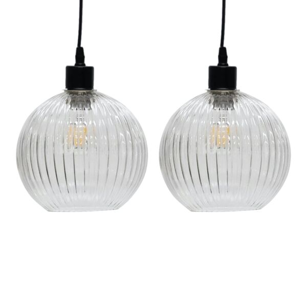 Set of 2 Betchley - Clear Ribbed Glass Globe Easy Fit Pendant Shades