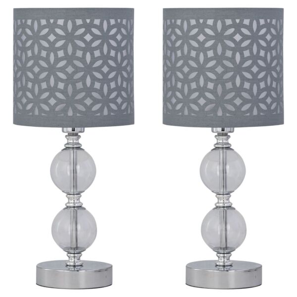 Set of 2 Chrome Two Ball Table Lamps with Grey Cut Out Shades