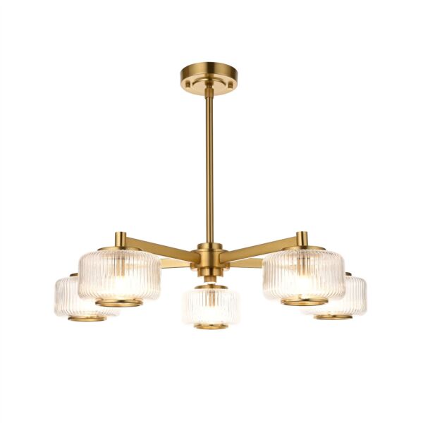 Endon Lighting - Stamford - 120635 - Aged Brass Clear Ribbed Glass 5 Light Ceiling Pendant Light