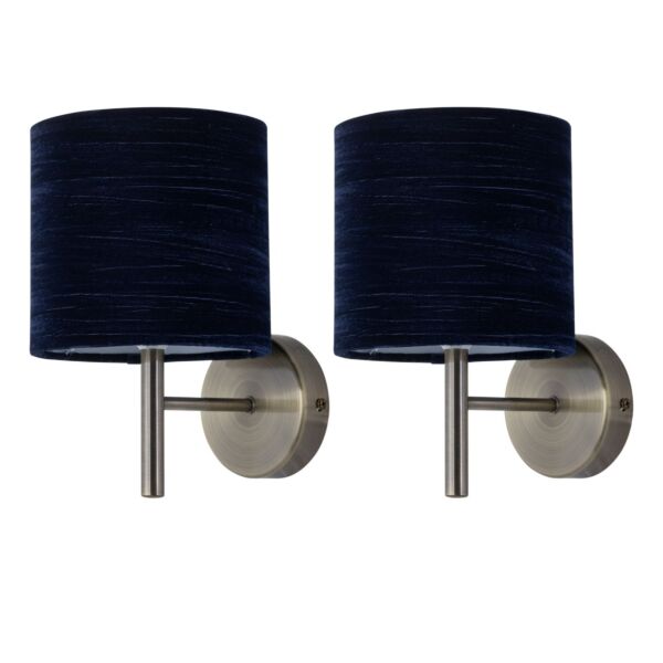 Set of 2 Brea - Antique Brass Wall Lights with Navy Blue Velvet Shades