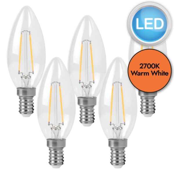 5 x 2.1W LED E14 Candle Filament Light Bulbs - Warm White