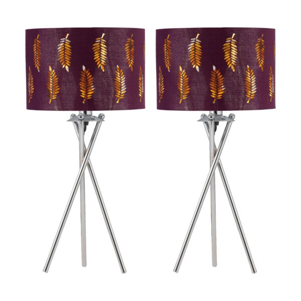 Set of 2 Chrome Tripod Table Lamps with Burgundy Fern Cut Out Shades