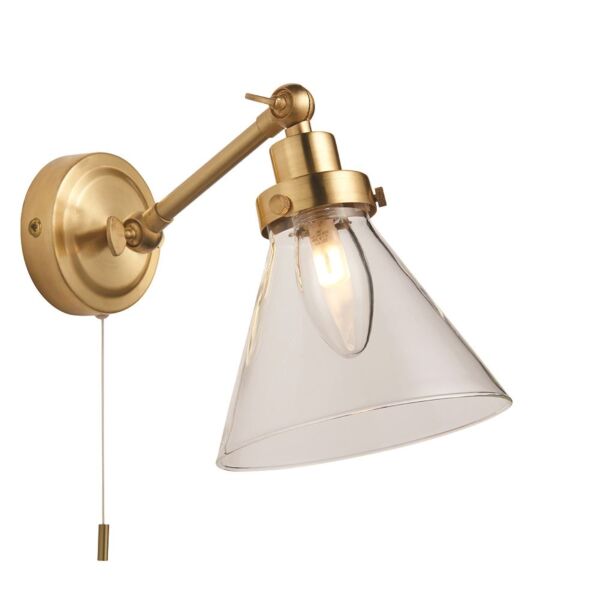 Endon Lighting - Faraday - 93854 - Satin Brass Clear Glass IP44 Pull Cord Bathroom Wall Spotlight