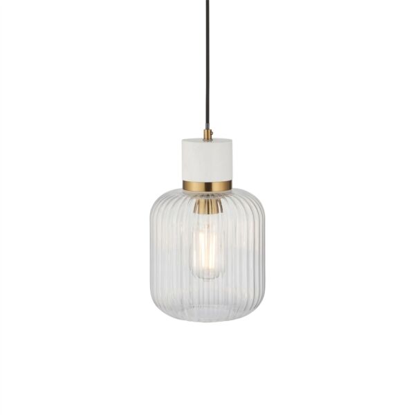 Endon Lighting - Travi - 120667 - Vintage Brass White Marble Clear Ribbed Glass Ceiling Pendant Light
