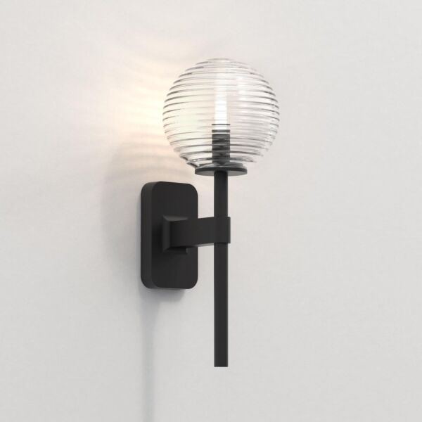 Astro Lighting - Tacoma Single 1429004 & 5036003 - IP44 Matt Black Wall Light with Clear Ribbed Glass Shade