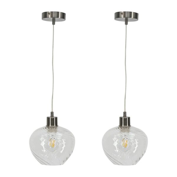 Set of 2 Bradson - Clear Swirl Glass with Satin Nickel Pendant Fittings