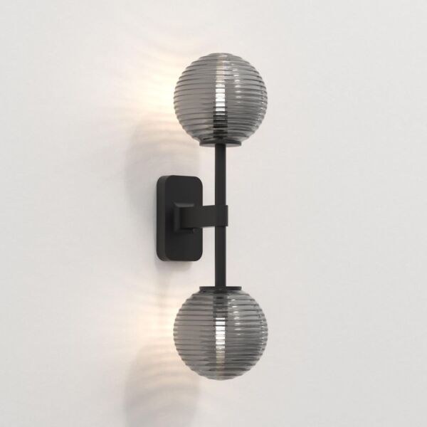 Astro Lighting - Tacoma Twin 1429005 & 5036005 - IP44 Matt Black Wall Light with Smoked Ribbed Glass Shades