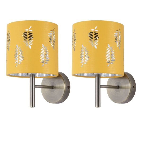 Set of 2 Brea - Antique Brass Wall Lights with Ochre Fern Shades