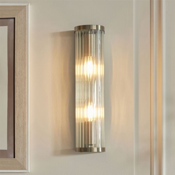 Endon Lighting - Ridgeton - 118597 - Antique Brass Clear Ribbed Glass 2 Light Wall Washer Light