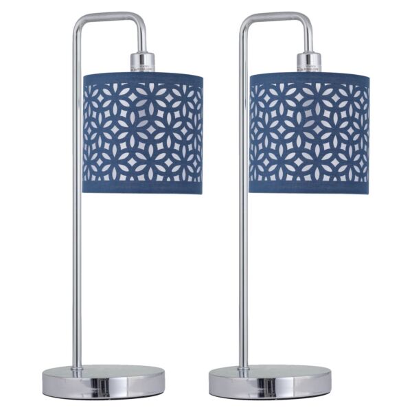 Set of 2 Chrome Arched Table Lamps with Navy Blue Laser Cut Shades