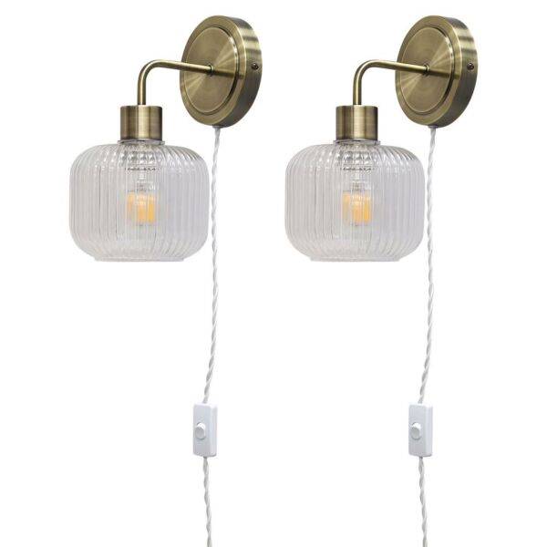 Set of 2 Toby - Antique Brass Plug in Wall Lights Barrel Ribbed Glass