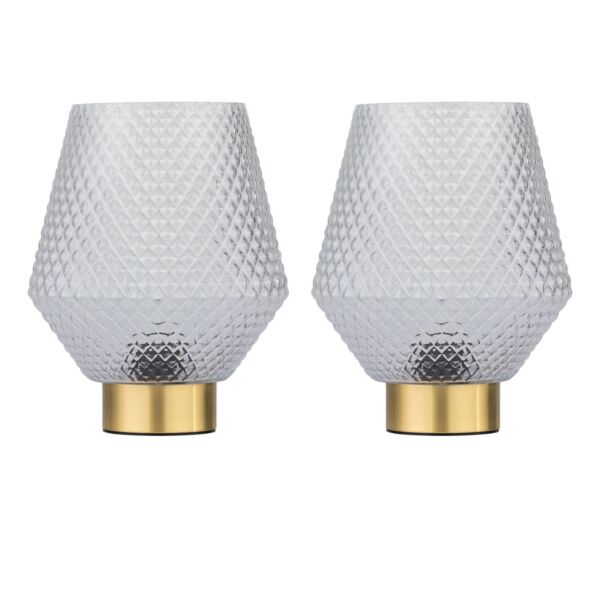 Set of 2 Porter - Battery Operated Satin Brass Lamps Clear Tex Glass
