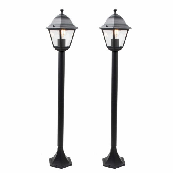 Set of 2 Cambridge - Black with Clear Glass Four Sided Lantern IP44 Outdoor 100cm Bollard Lights