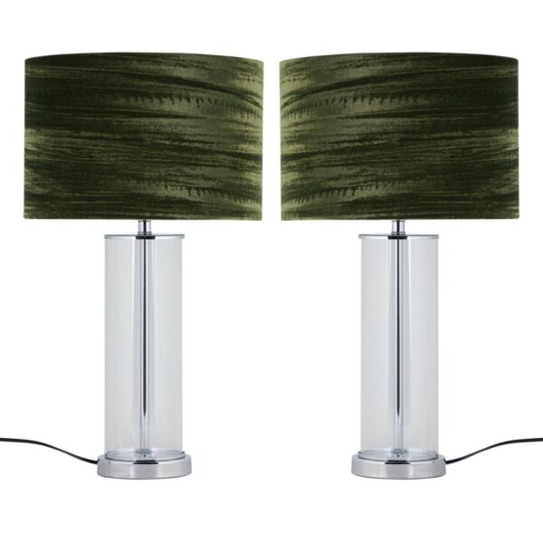 Set of 2 Aura - Chrome Table Lamps with Green Crushed Velvet Shades