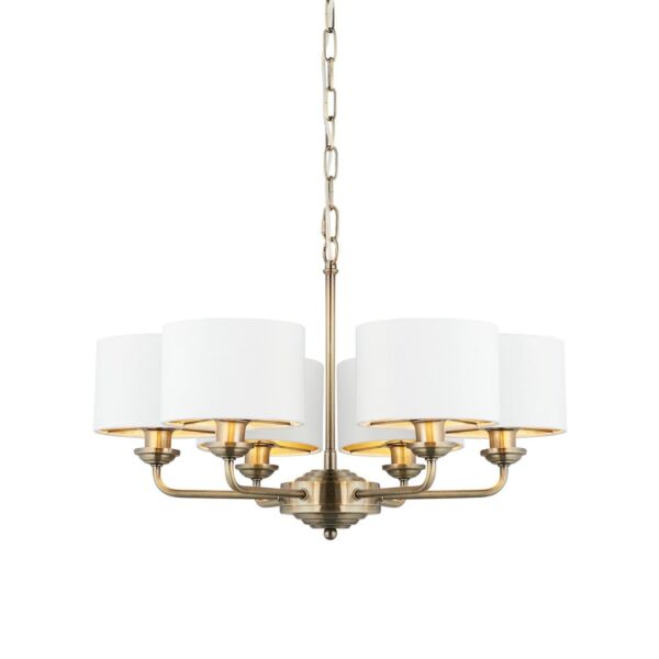 Endon Lighting - Highclere - 98936 - Antique Brass Vintage White 6 Light Ceiling Pendant Light