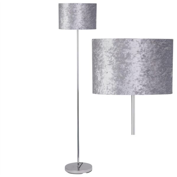 Chrome Stick Floor Lamp with Grey Crushed Velvet Shade