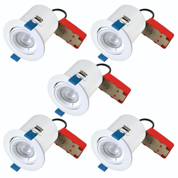 Set of 5 - White Fire Rated Tilt Recessed Ceiling Downlights with Warm White LED Bulbs