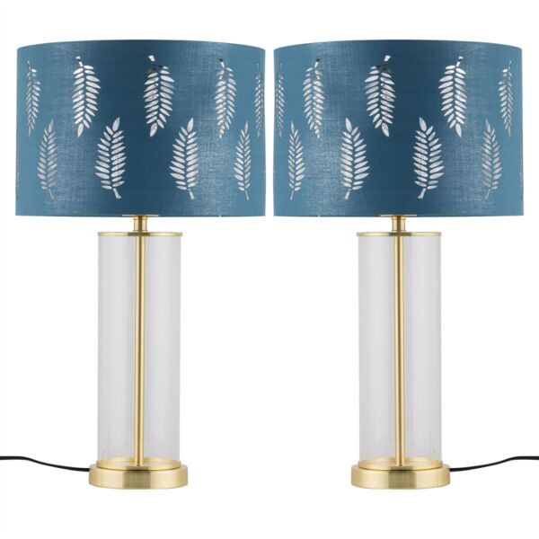 Set of 2 Aura - Satin Brass Lamps with Teal Fern Cut Out Shades