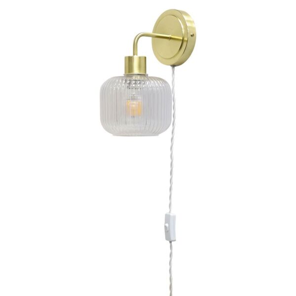 Toby - Satin Brass Plug in Wall Light with Batley Ribbed Glass Shade