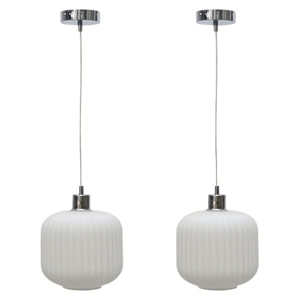Set of 2 Bento - White Ribbed Glass with Chrome Pendant Fittings
