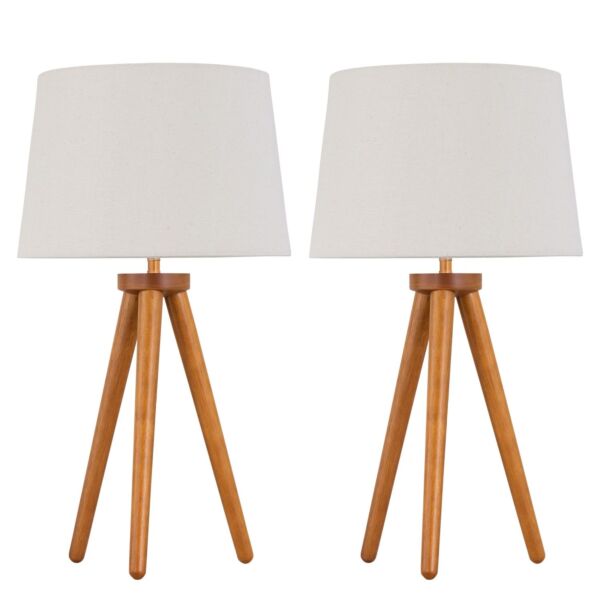 Set of 2 Dark Oak Table Lamp or Bedside Lights with Linen Shades
