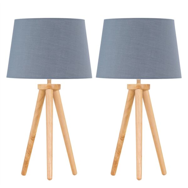 Set of 2 Light Oak Table Lamp or Bedside Lights with Grey Shades
