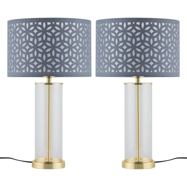 Set of 2 Aura - Satin Brass Lamps with Grey Cut Out Shades
