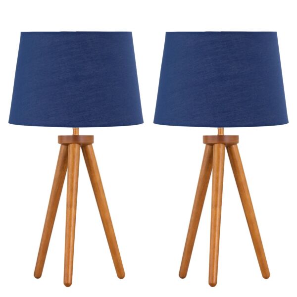 Set of 2 Dark Oak Table Lamp or Bedside Lights with Navy Blue Shades