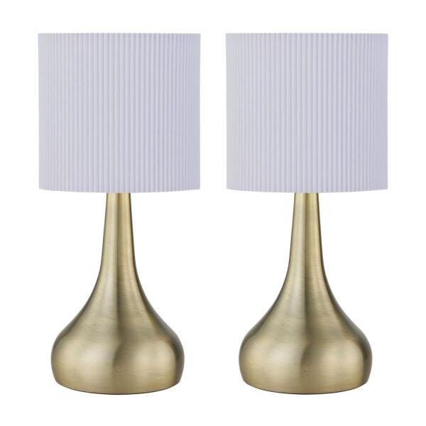 Set of 2 Romana - Antique Brass Touch Table Lamps White Pleated Shade