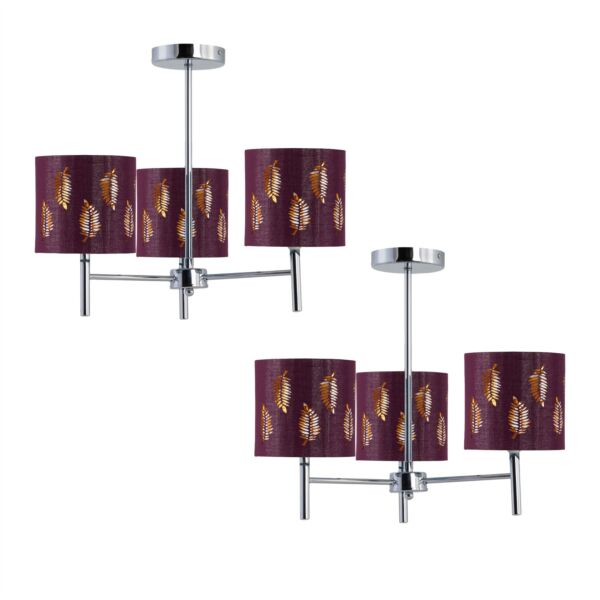 Set of 2 Brea - Chrome 3 Light Fittings with Burgundy Fern Shades