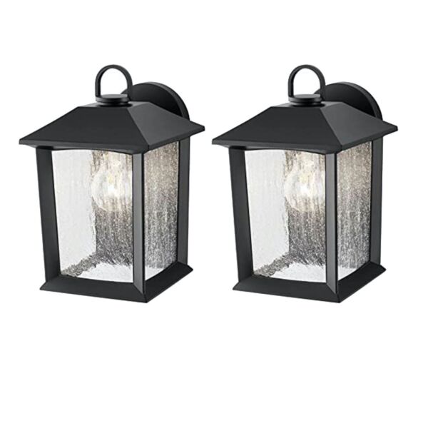Set of 2 Ashton - Black Clear Seeded Glass Outdoor Wall Lights